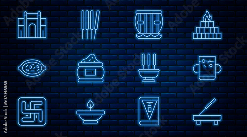 Set line Scented spa stick, Cup of tea and leaf, Instrument tabla, Indian spice, Kheer in bowl, Gate Delhi, Incense sticks and Aroma sticks, incense icon. Vector