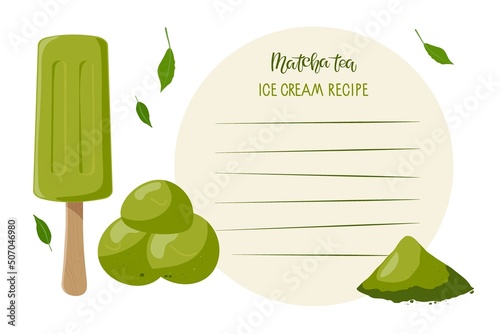 Matcha ice cream Recipe. Template for writing recipe. Green ice cream on stick, ice cream balls, powder poured. Recipe card template with copy space. Culinary course poster concept, culinary school.