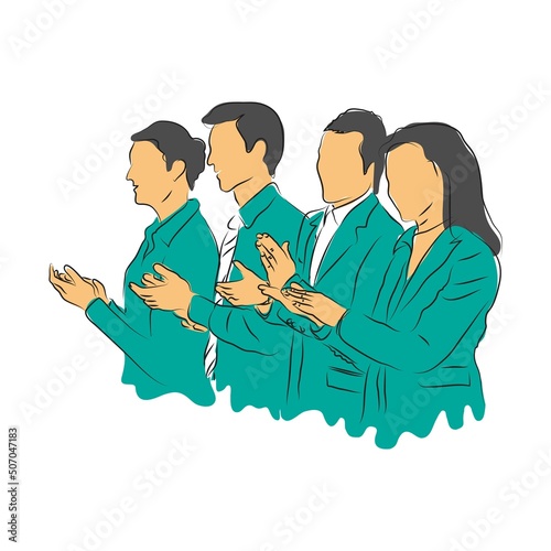 Applauding, support, congratulation concept. business man, woman clapping cartoon characters standing, looking aside and applauding with hands to partner or colleague. Applause, clapping, approval. 