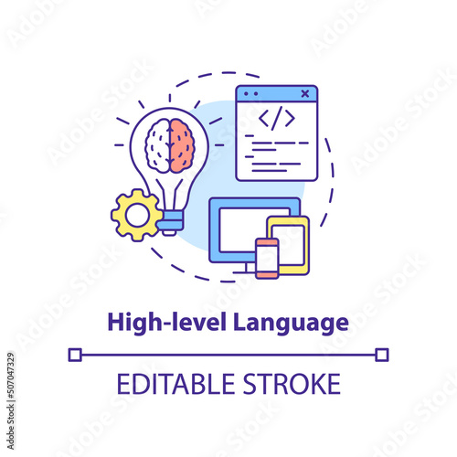 High level language concept icon. Human friendly code. Type of computer language abstract idea thin line illustration. Isolated outline drawing. Editable stroke. Arial, Myriad Pro-Bold fonts used