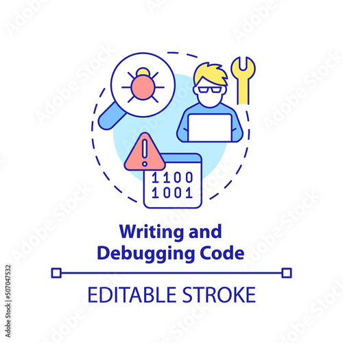Writing and debugging code concept icon. Detect and resolve errors. Programming skill abstract idea thin line illustration. Isolated outline drawing. Editable stroke. Arial, Myriad Pro-Bold fonts used