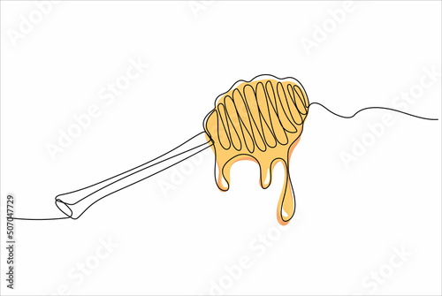 Continuous one line drawing of honey dripping from a wooden honey dipper isolated on white background. Hand drawn vector illustration
