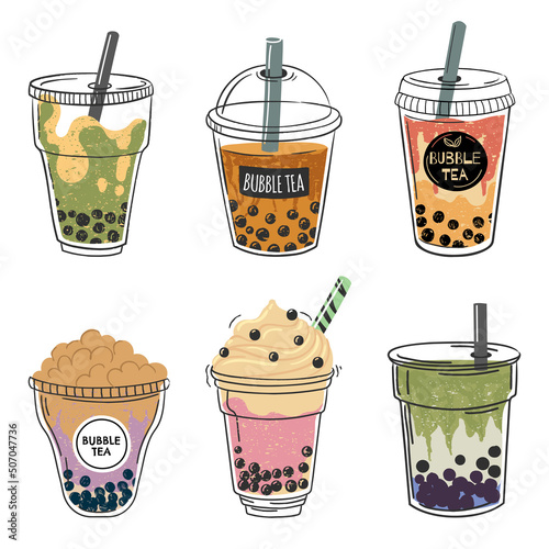 Bubble tea collection, drink in plastic cup with straw