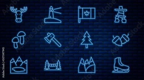Set line Skates, Acorn, Flag of Canada, Wooden axe, Mushroom, Moose head with horns, Christmas tree and Lighthouse icon. Vector
