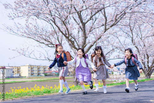 ランドセルを背負って楽しく登校する小学生の女の子たち © maroke
