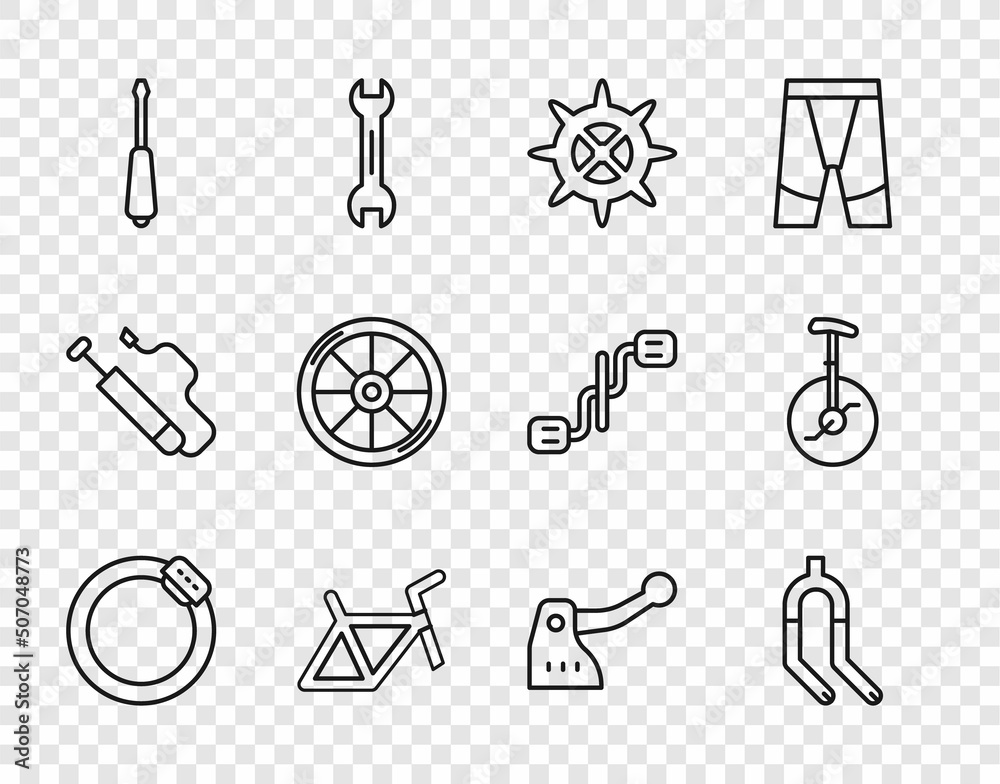 Set line Bicycle brake disc, fork, sprocket crank, frame, Screwdriver, wheel, and Unicycle one bicycle icon. Vector