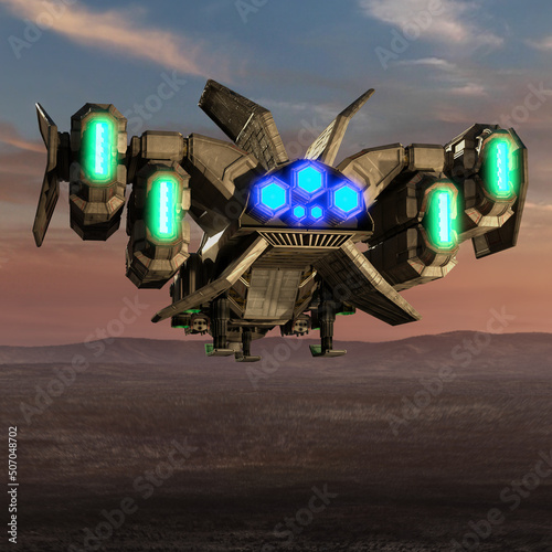 3d render of sci-fi dropship aircraft in the air