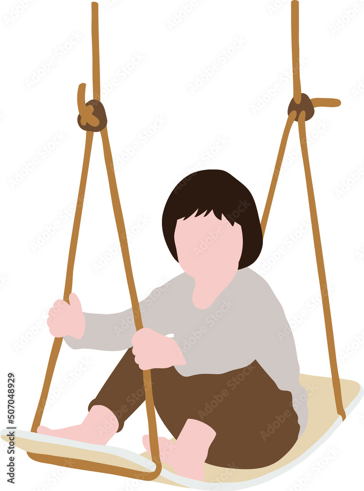 Boy child in brown pants sits on a swing and holds on to the ropes with his hands Boy child in brown pants sits on a swing and holds on to the ropes with his hands