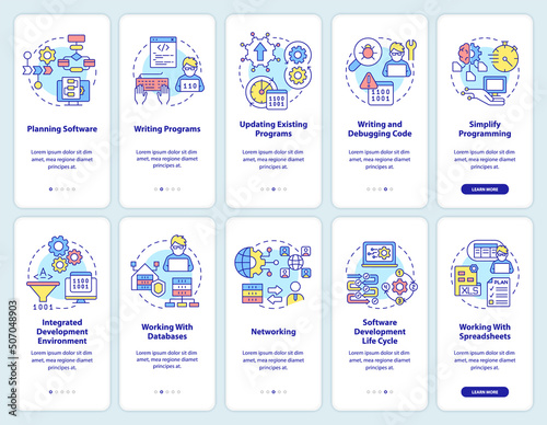 Professional programmer skills onboarding mobile app screen set. Walkthrough 5 steps graphic instructions pages with linear concepts. UI, UX, GUI template. Myriad Pro-Bold, Regular fonts used