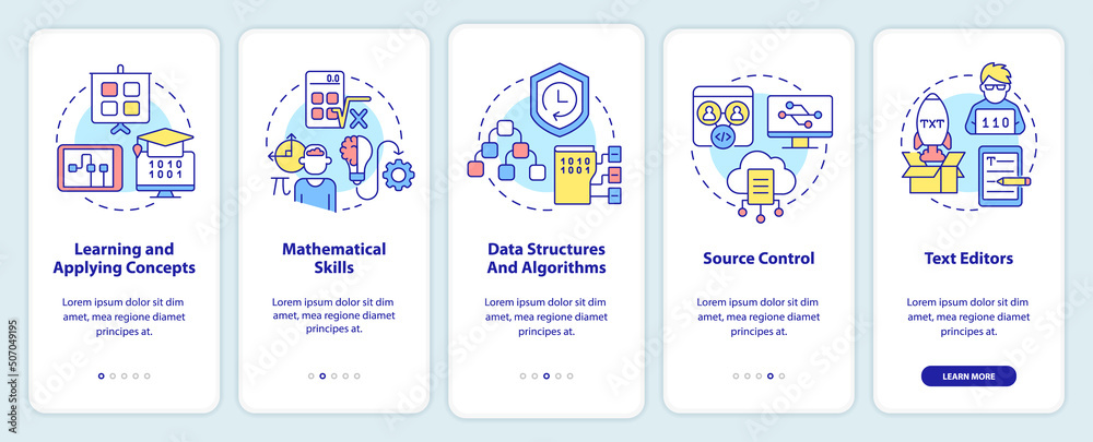 Fototapeta premium Program development skills onboarding mobile app screen. Walkthrough 5 steps graphic instructions pages with linear concepts. UI, UX, GUI template. Myriad Pro-Bold, Regular fonts used