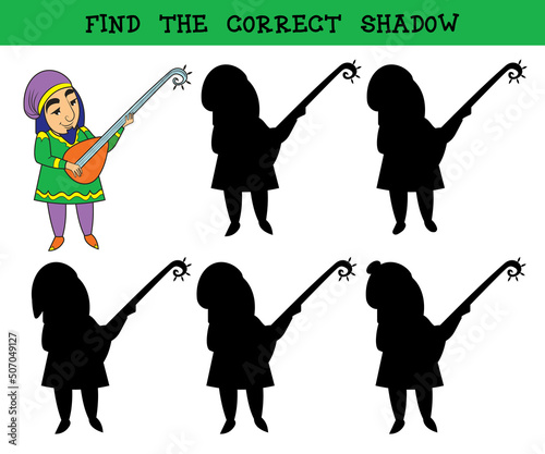 A man in an east outfit playing domra. Find the correct shadow. Educational matching game for children.Vector illustration.