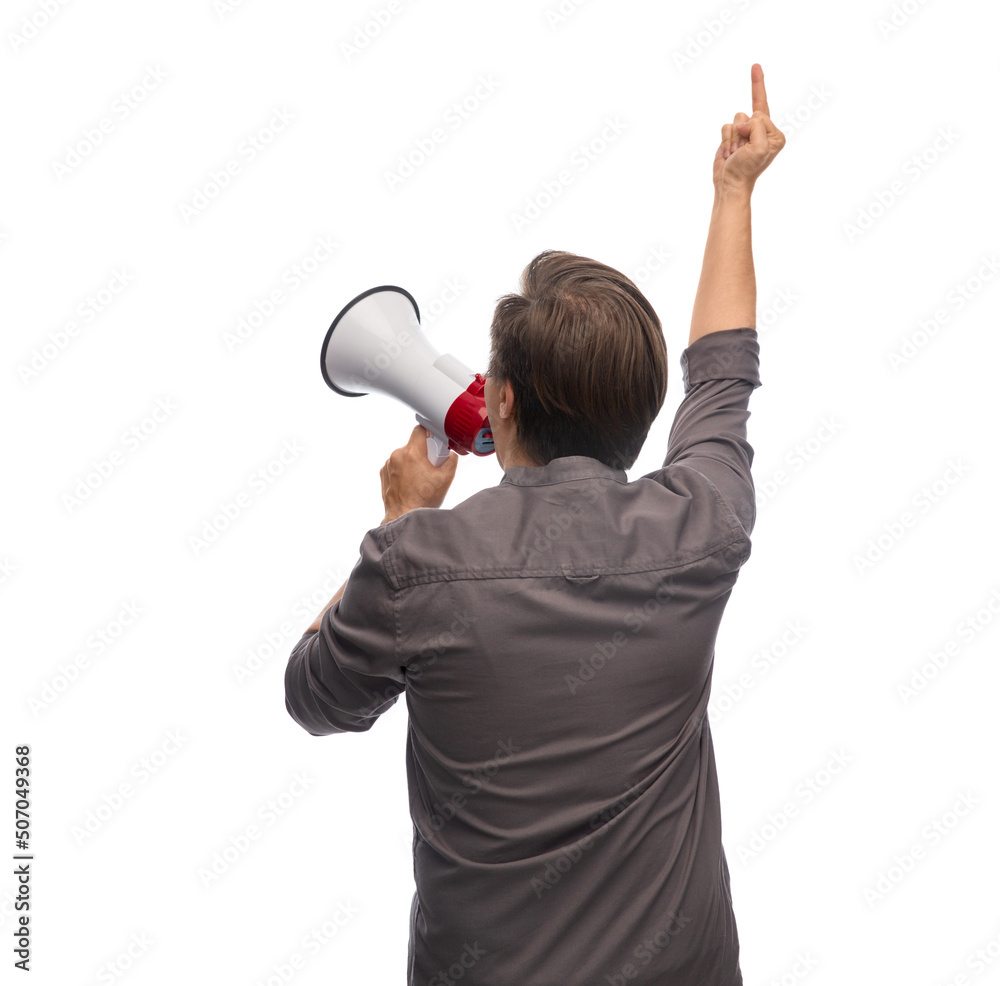 people and human rights concept - man with megaphone protesting on demonstration and showing middle finger over white background people and human rights concept - man with megaphone protesting on demonstration and showing middle finger over white background