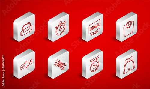 Set line Boxing short, Stopwatch, Fight club MMA, Bathroom scales, Gong, Sport bag, Chest expander and belt icon. Vector
