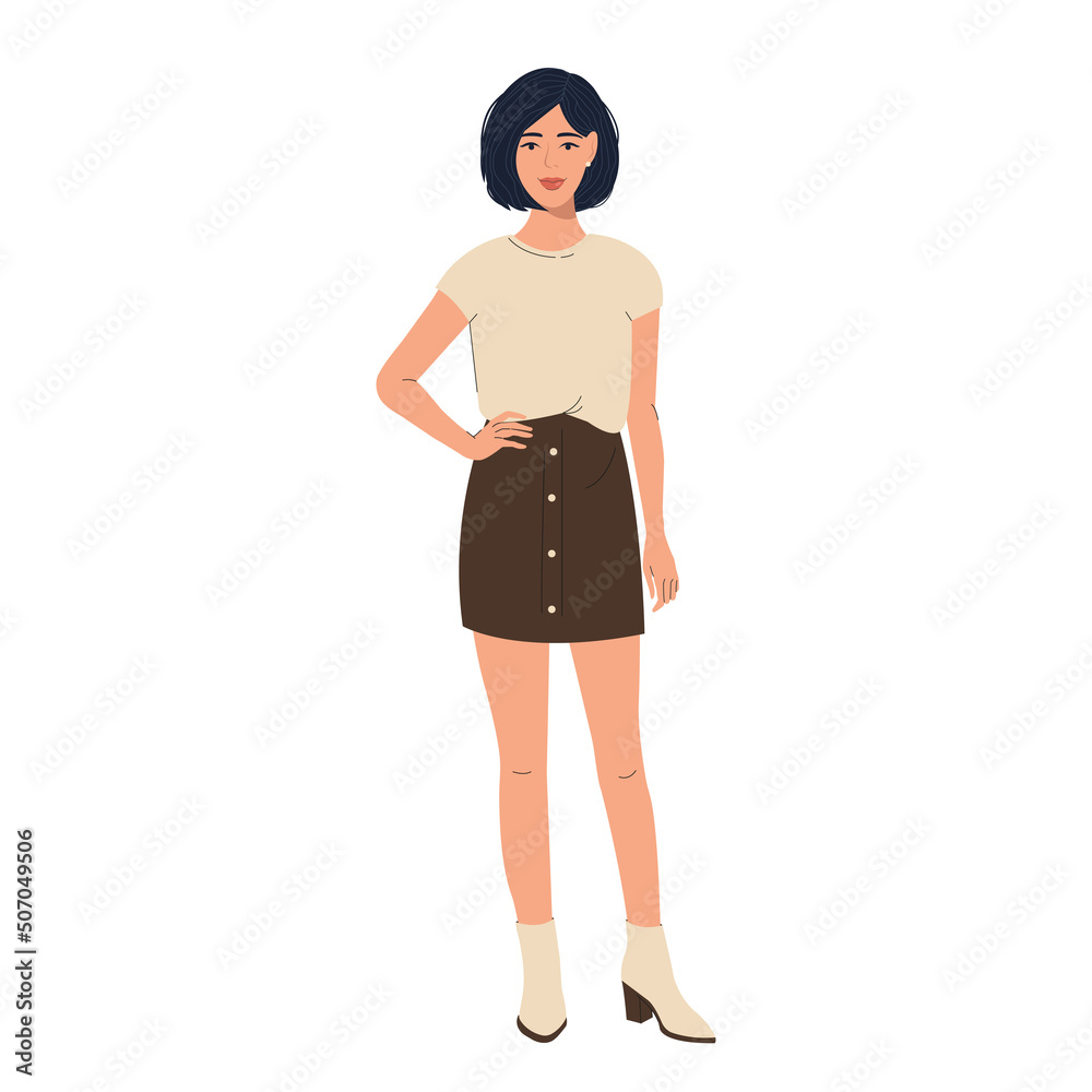 Fototapeta premium Successful confident girl in a flat hand belted style with stylish clothes on a white background