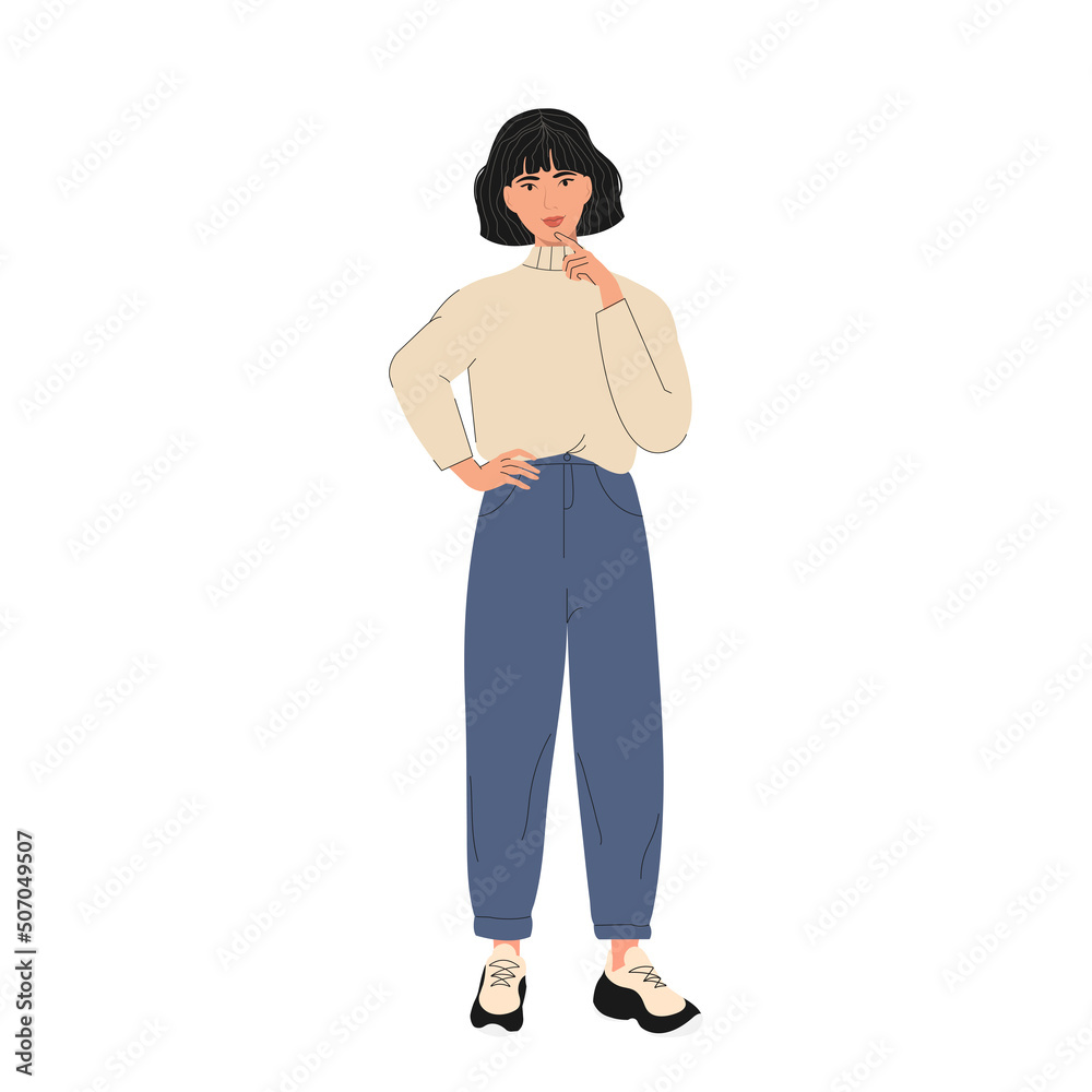 Cute girl with a pensive look in a flat style on a white background