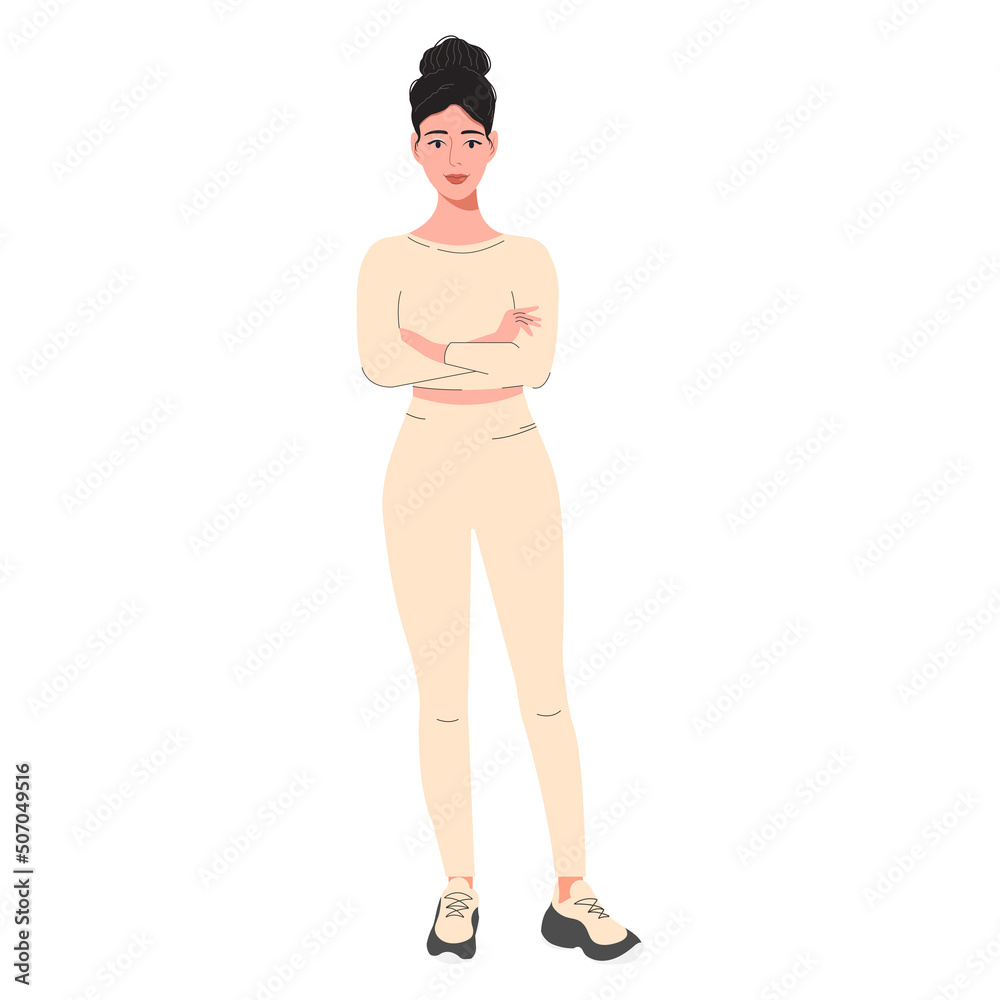 Successful confident girl in a flat style with her arms crossed over her chest in a tracksuit for a healthy lifestyle on a white background. Successful confident girl in a flat style with her arms crossed over her chest in a tracksuit for a healthy lifestyle on a white background.