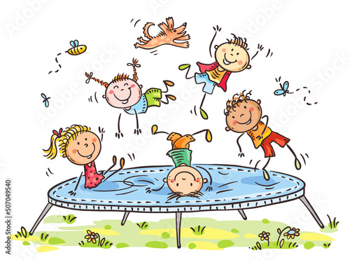 Cartoon happy cute funny doodle kids jumping on trampoline