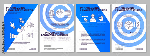 Programming language features blue brochure template. Writing code. Leaflet design with linear icons. 4 vector layouts for presentation, annual reports. Arial-Black, Myriad Pro-Regular fonts used