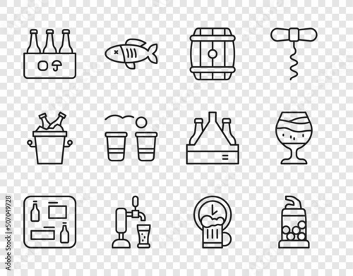 Set line Beer menu, Bottle opener, Wooden barrel, tap with glass, Pack of beer bottles, pong game, Happy hour and Glass icon. Vector