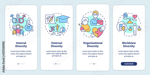 Workplace diversity onboarding mobile app screen. Corporate tolerance walkthrough 4 steps editable graphic instructions with linear concepts. UI, UX, GUI template. Myriad Pro-Bold, Regular fonts used