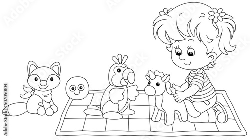 Happy little girl playing with a funny soft toy unicorn, a parrot and a fox on a checkered carpet in a nursery, black and white outline vector cartoon illustration for a coloring book page