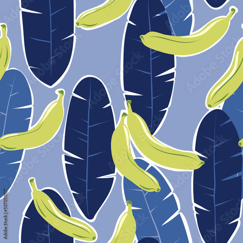 Seamless vector pattern with green bananas and blue leaves. Summer fruit tropical pattern.