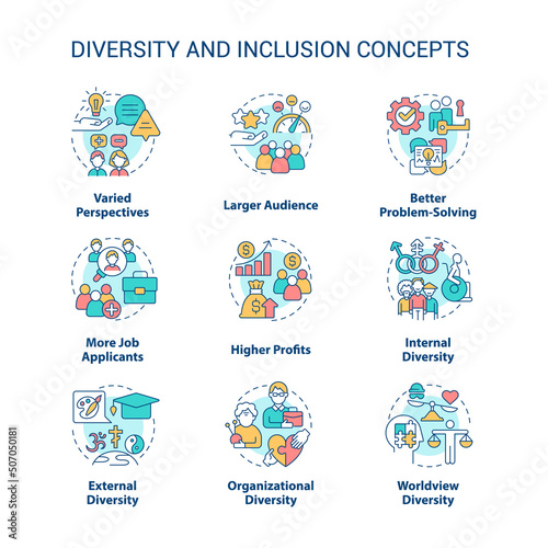 Diversity and inclusion concept icons set. Varied perspectives idea thin line color illustrations. Better problem-solving. Isolated symbols. Editable stroke. Roboto-Medium, Myriad Pro-Bold fonts used