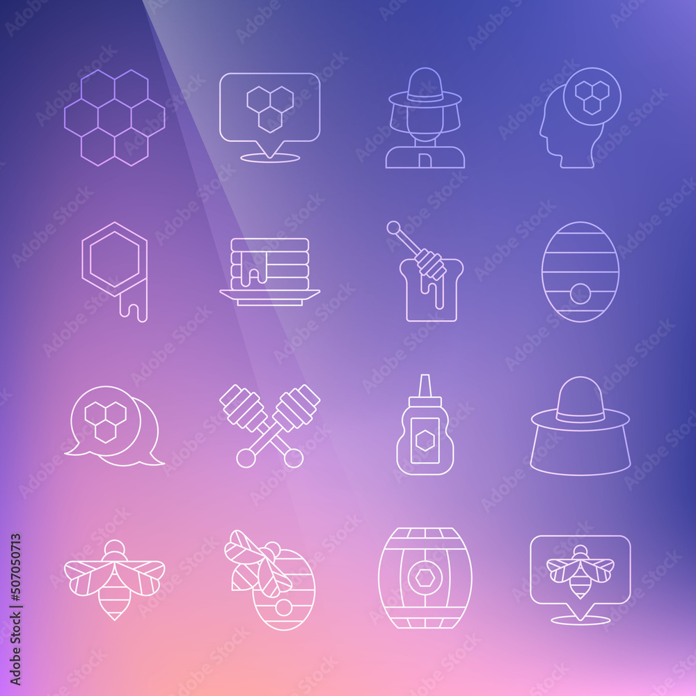 Set line Bee, Beekeeper with protect hat, Hive for bees, Stack of pancakes, Honeycomb, and dipper stick honey icon. Vector Set line Bee, Beekeeper with protect hat, Hive for bees, Stack of pancakes, Honeycomb, and dipper stick honey icon. Vector