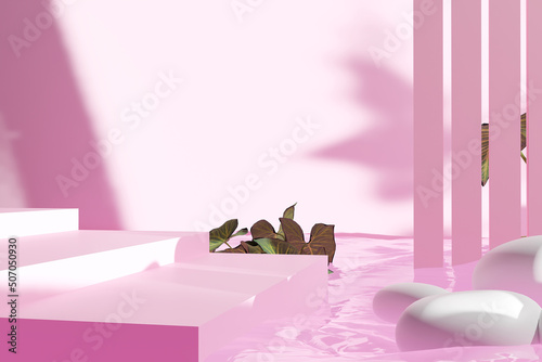3D pastel gradient background pink podium on the water and stone