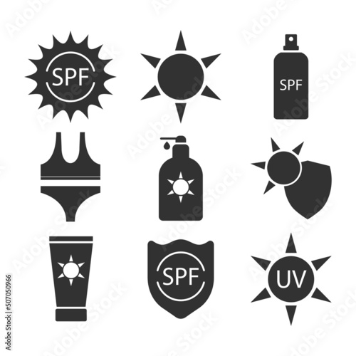 Sun uv, spf protection vector icon set