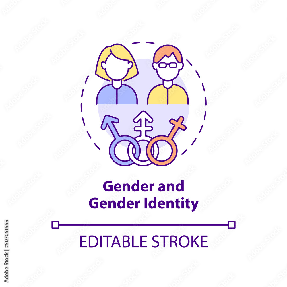 Gender and gender identity concept icon. Type of diversity abstract idea thin line illustration. Achieving equality. Isolated outline drawing. Editable stroke. Arial, Myriad Pro-Bold fonts used
