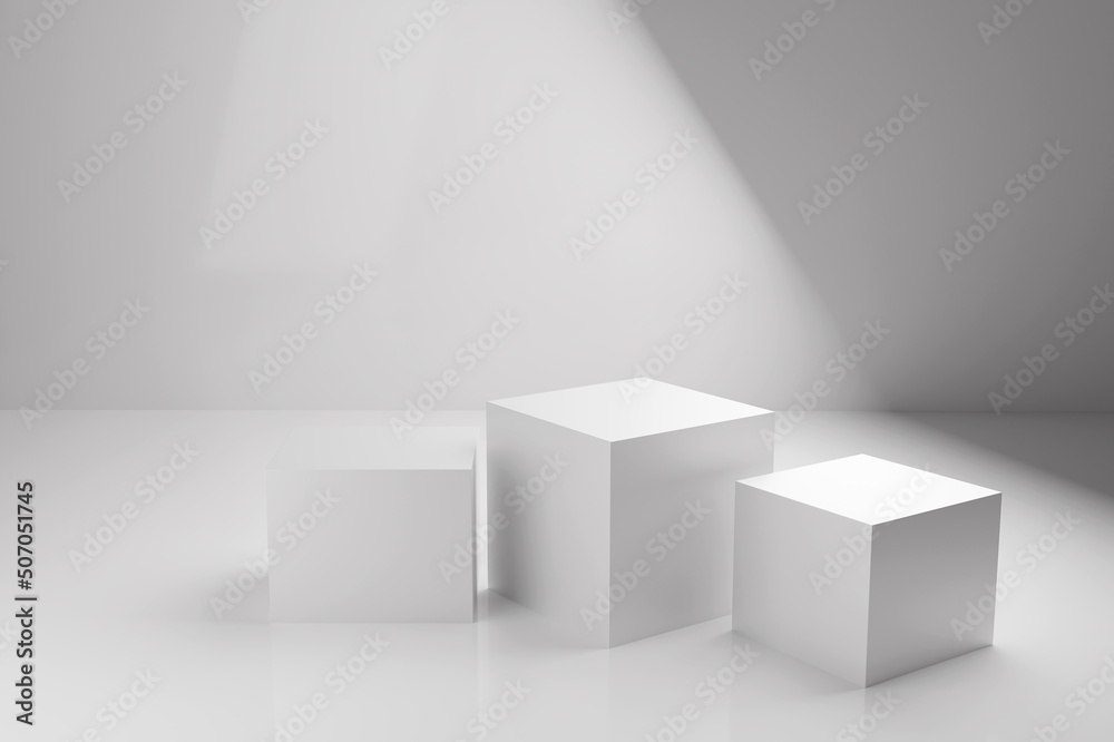 Three white square stands on white background. 3d render Three white square stands on white background. 3d render