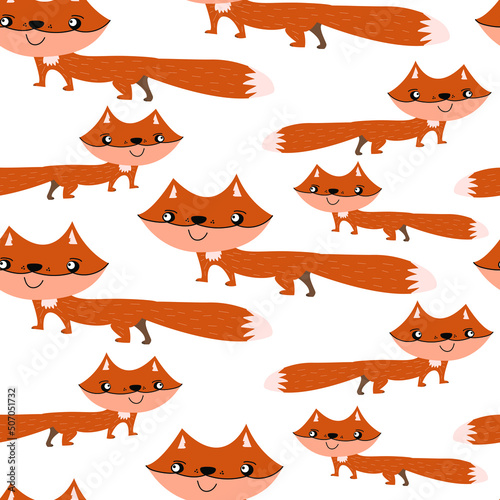 Seamless surface pattern red smiling fox with a long tail goes right and left