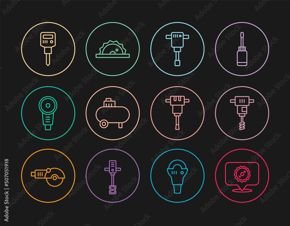 Set line Circular saw blade, Electrical hand concrete mixer, Construction jackhammer, Air compressor, Angle grinder, and circular icon. Vector Set line Circular saw blade, Electrical hand concrete mixer, Construction jackhammer, Air compressor, Angle grinder, and circular icon. Vector