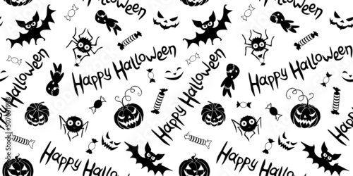 Happy Halloween-seamless pattern of traditional holiday symbols-pumpkin, Jack lantern, zombie, bat, spider, candies. Funny texture for greeting card, invitation, party poster, wrapping paper
