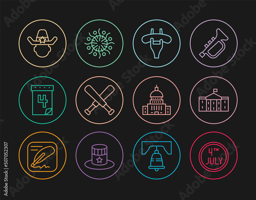 Set line Calendar with date July 4, United States Capitol Congress, Sausage the fork, Crossed baseball bat, Sheriff cowboy, White House and Firework icon. Vector
