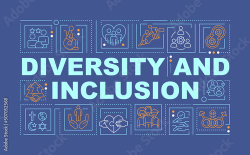 Diversity and inclusion word concepts dark blue banner. Infographics with editable icons on color background. Isolated typography. Vector illustration with text. Arial-Black font used