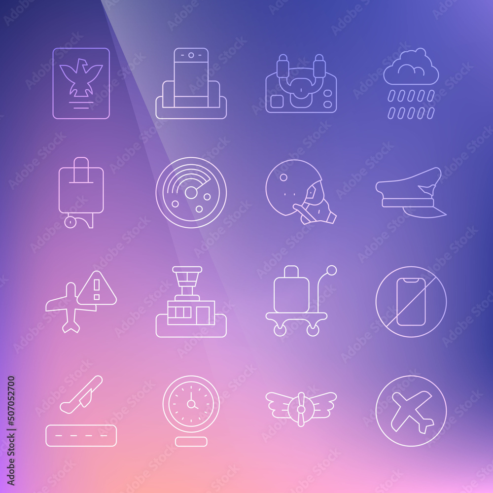 Set line Plane, No cell phone, Pilot hat, Aircraft steering helm, Radar with targets monitor, Suitcase, Passport and Modern pilot helmet icon. Vector Set line Plane, No cell phone, Pilot hat, Aircraft steering helm, Radar with targets monitor, Suitcase, Passport and Modern pilot helmet icon. Vector