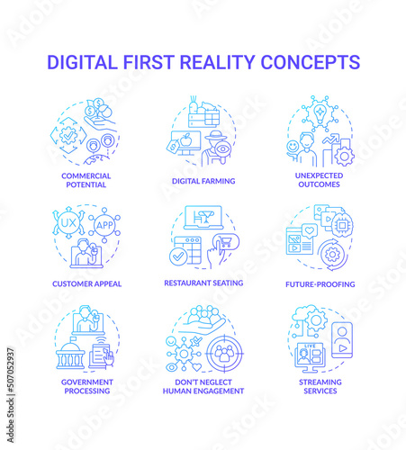 Digital first reality blue gradient concept icons set. Electronic commerce. Business transformation idea thin line color illustrations. Isolated symbols. Roboto-Medium, Myriad Pro-Bold fonts used