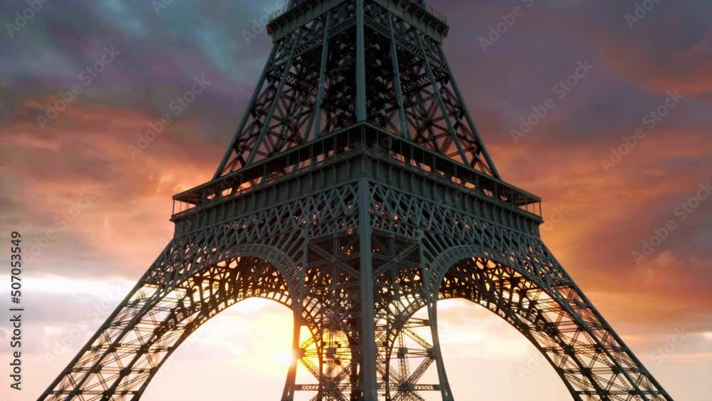 A close-up view of the Eiffel Tower's detailed wrought-iron structure as the camera moves from the base of the tower to the observation deck at the first level.