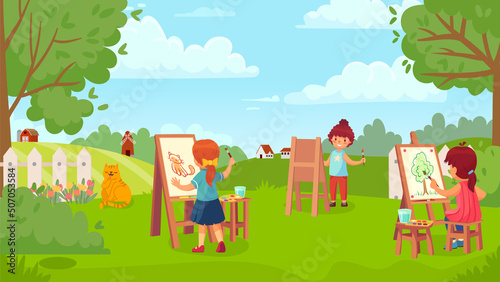 Kids drawing picture in garden, art class