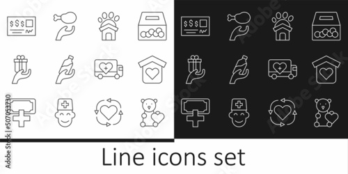 Set line Donate child toys, Shelter for homeless, Animal shelter house, Donation water, Give gift, Bank check, Humanitarian truck and food icon. Vector