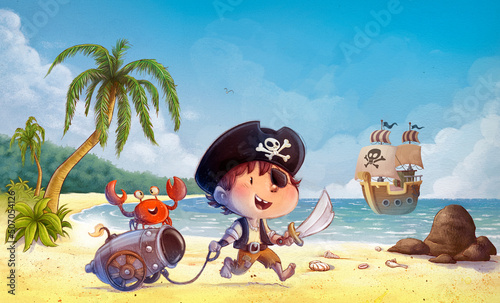 illustration of pirate boy on the beach