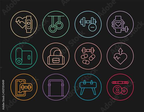 Set line Barbell, Heartbeat increase, Dumbbell, Sport bag, Fitness mat roll, Smart watch with heart, Sports doping dumbbell and Gymnastic rings icon. Vector