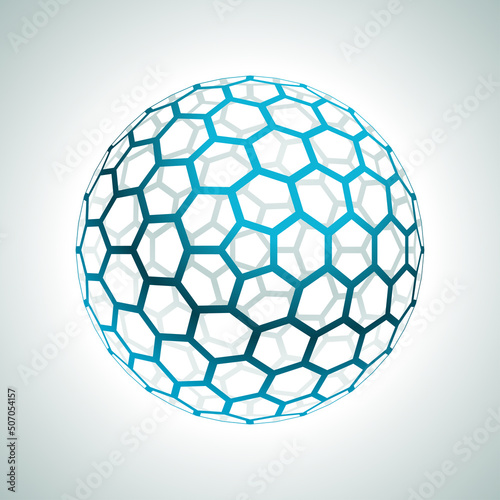 Realistic blue glossy sphere hole hexagonal structure mesh geometric shape 3d template vector illustration. Rounded three dimensional honeycombs texture grid futuristic mosaic pattern isolated