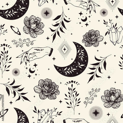 Vector seamless pattern of hands, constellations, herbs, phases of moon and stars. Mystical esoteric trendy background for design of fabric, packaging, phone case, astrology. photo