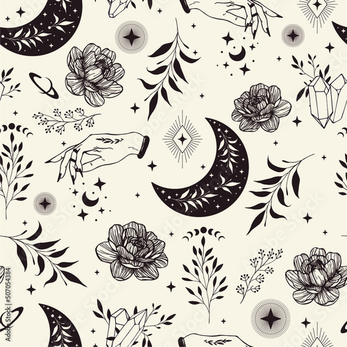 Vector seamless pattern of hands, constellations, herbs, phases of moon and stars. Mystical esoteric trendy background for design of fabric, packaging, phone case, astrology.