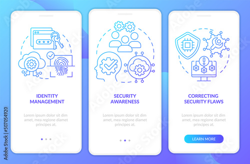 Cybersecurity risk management blue gradient onboarding mobile app screen. Walkthrough 3 steps graphic instructions pages with linear concepts. UI, UX, GUI template. Myriad Pro-Bold, Regular fonts used