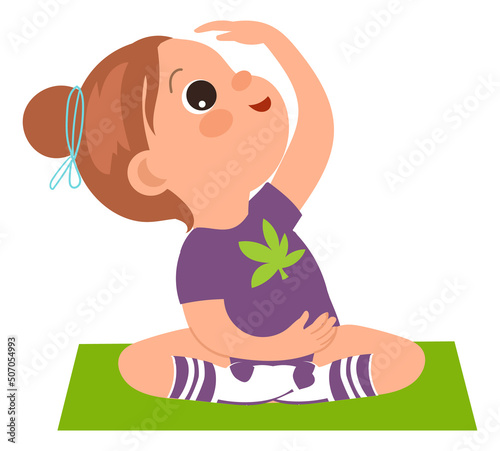 Cartoon child stretching on yoga mat. Happy girl character