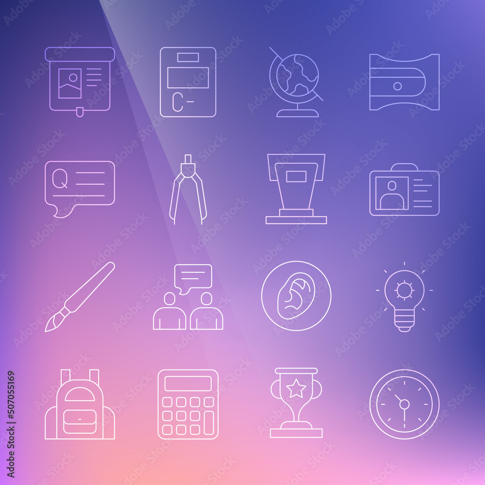 Set line Clock, Light bulb, Identification badge, Earth globe, Drawing compass, Speech bubbles with Question, Projection screen and Stage stand icon. Vector Set line Clock, Light bulb, Identification badge, Earth globe, Drawing compass, Speech bubbles with Question, Projection screen and Stage stand icon. Vector